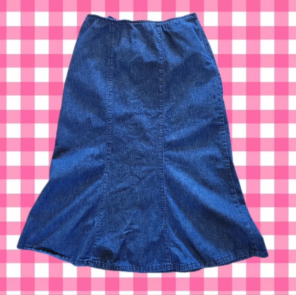 Vintage 90s dark wash denim high rise midi jean skirt Simon Chang 10
